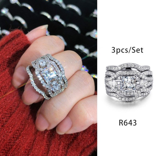 Luxury Diamond Promise Ring Set for Women Bridal Silver Color Big Zircon Proposal Marriage Wedding Cocktail Ring Jewelry