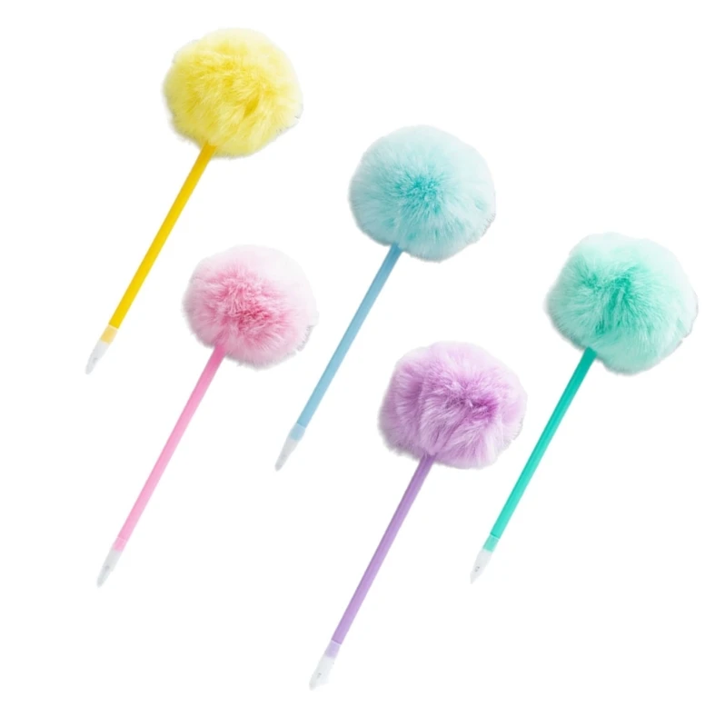 5Pcs Furry Pom Ballpoint Pen for Child Boy Girl Student Game Reward Christmas Stocking Fillers 1.0mm Smooth to Write K1KF