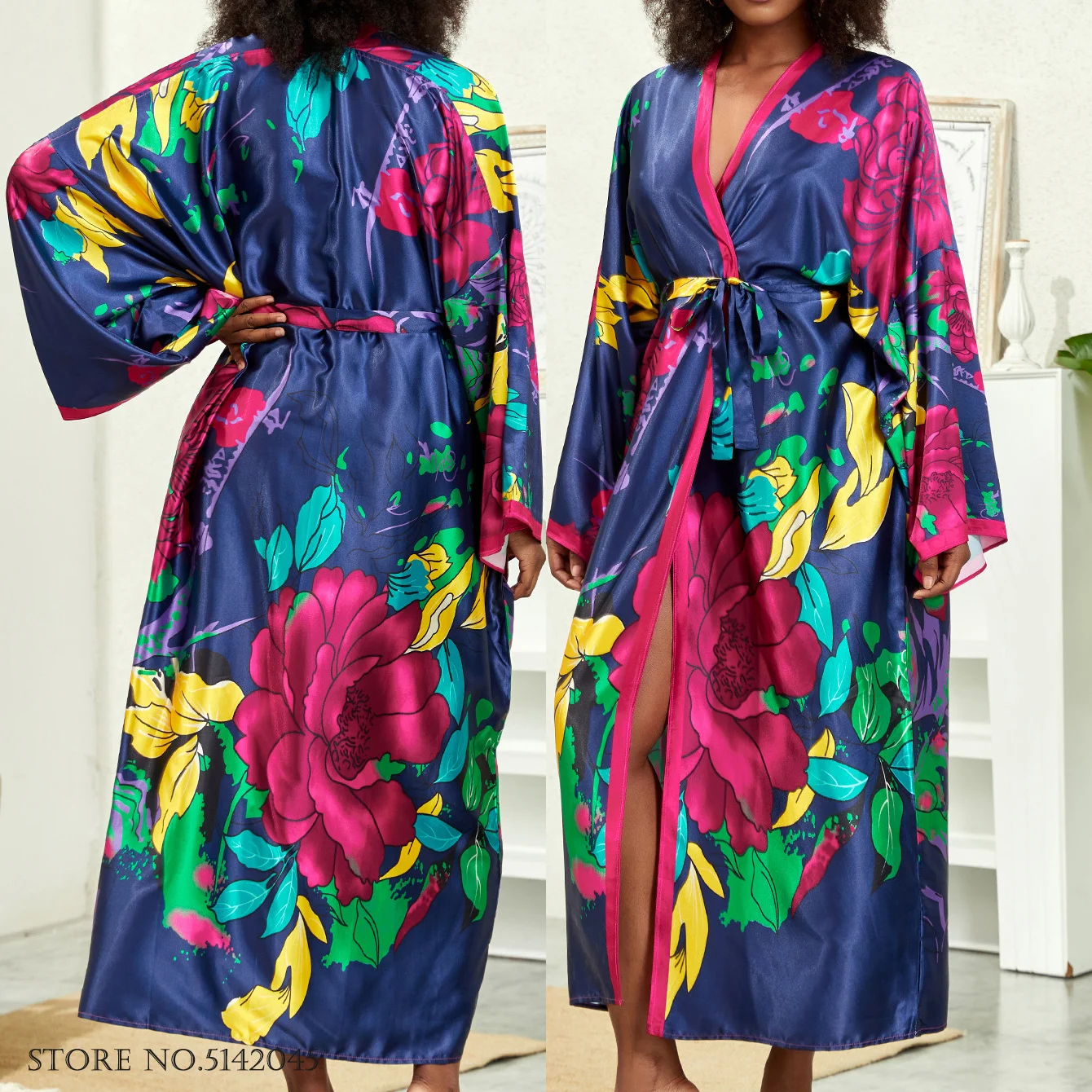 Long Kimono Bath Robe Gown Wide Sleeve Print Flower Robe Women Satin  Nightgown New Silk Satin Nightdress V-Neck Lounge Sleepwear - AliExpress, image size:1340x1340