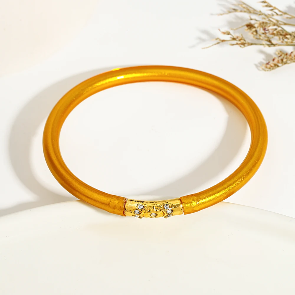 Amorcome Shiny Rhinestone Gold Color Metal Silicone Bangle Bracelet for Women Girls Buddhist Rush Bracelet Gift