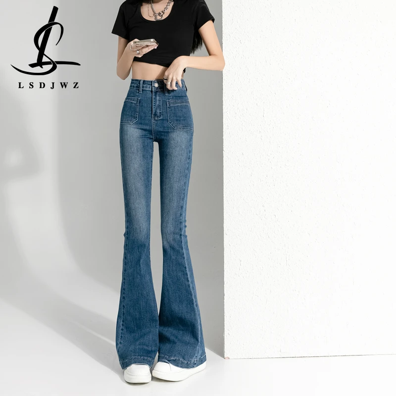 

Korean Fashion Women's Jeans 2023 Trend Vintage Jeans Woman High Waist Y2k Denim Female Clothing Streetwear Pants Flare Blue