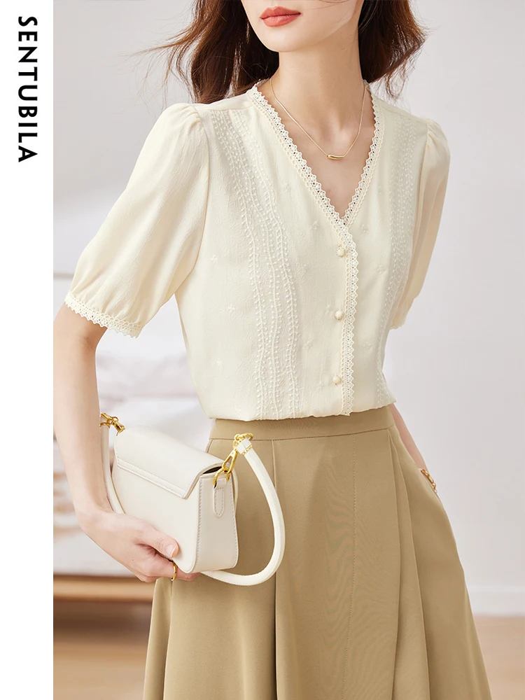 

Sentubila Elegant Blouses for Women Fashion 2023 Romantic Lace V-neck Embroidery Short Sleeve Top Ladies Summer Shirts & Blouses