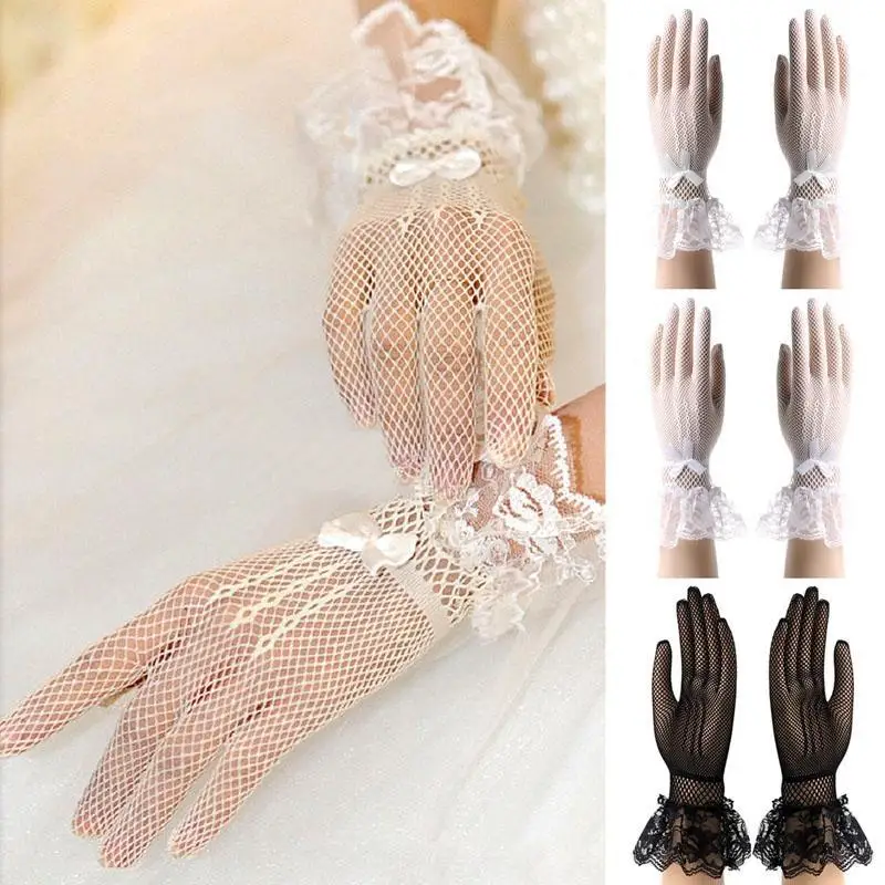 A52E Paar Blumen kurze Spitzenhandschuhe, Frauenhandschuhe für Hochzeitsabschlussabschluss – Detail 10