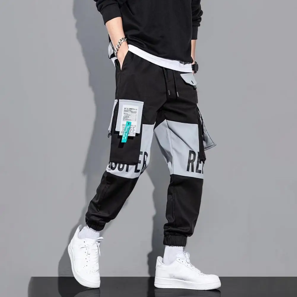 

Men Casual Pants Men's Cargo Pants with Drawstring Waist Multiple Pockets Featuring Letter Print Ankle-banded Contrast for Any