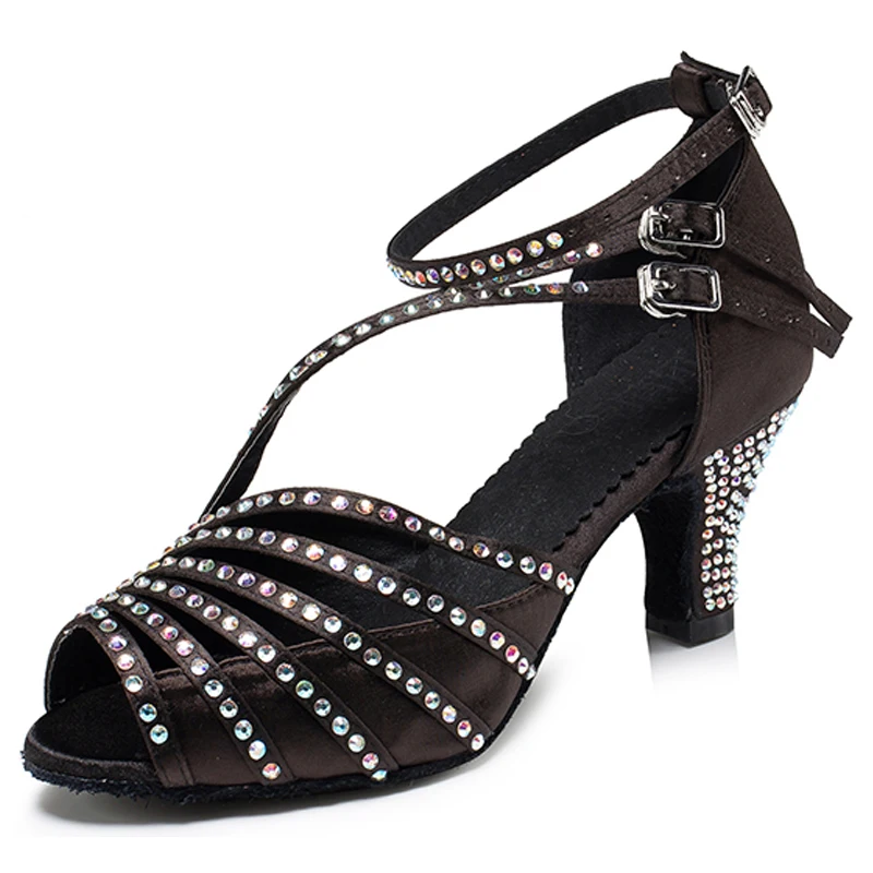 Latin Dance Shoes Ladies Salsa Tango Ballroom Party Dancing Shoes Satin Rhinestones Black Skin Rose Red Girls Sandals High Heel