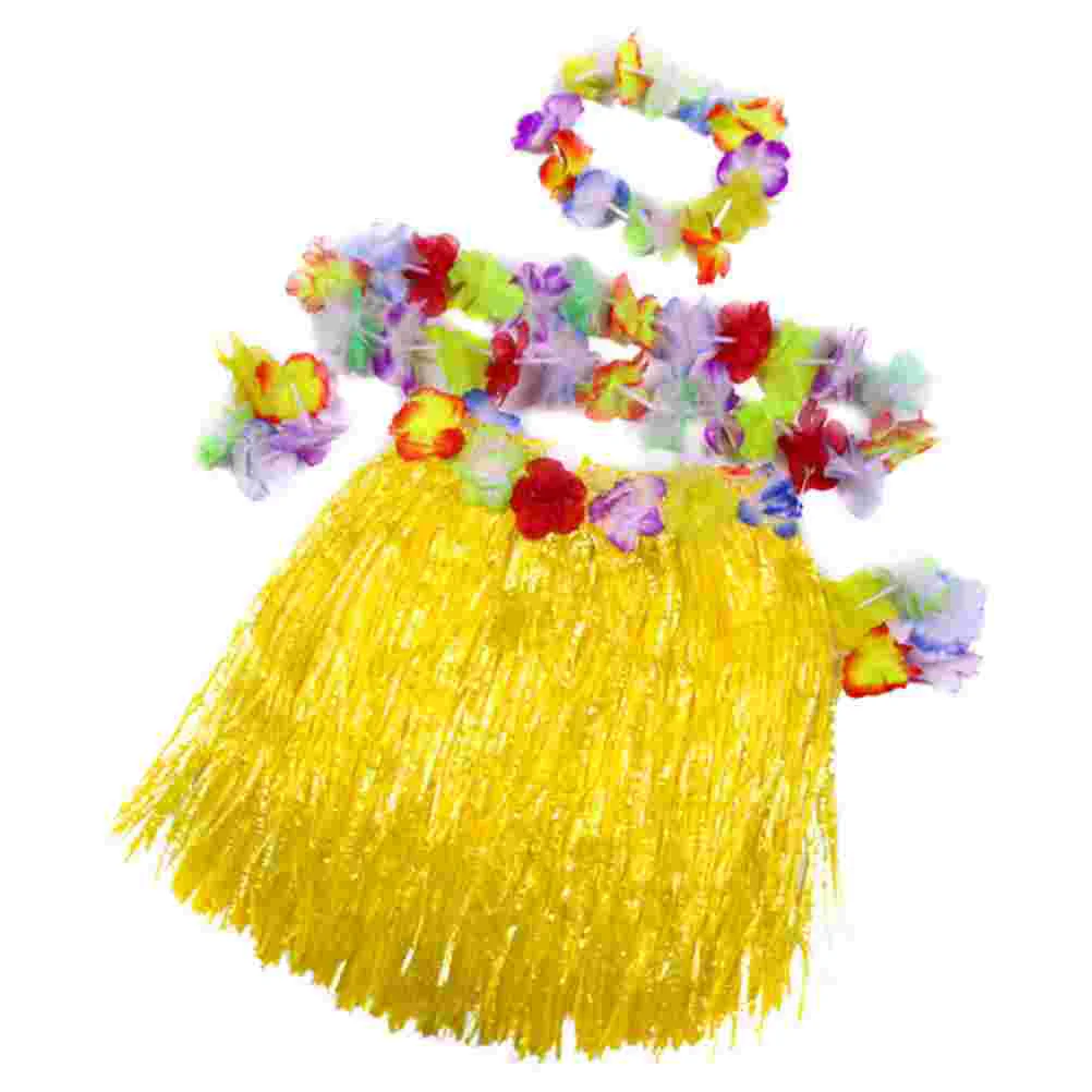 Hawaiian Style Skirt Set Simulation Flower Headdress Bracelets Hanging Garland Party Costume Accessories (Yellow)