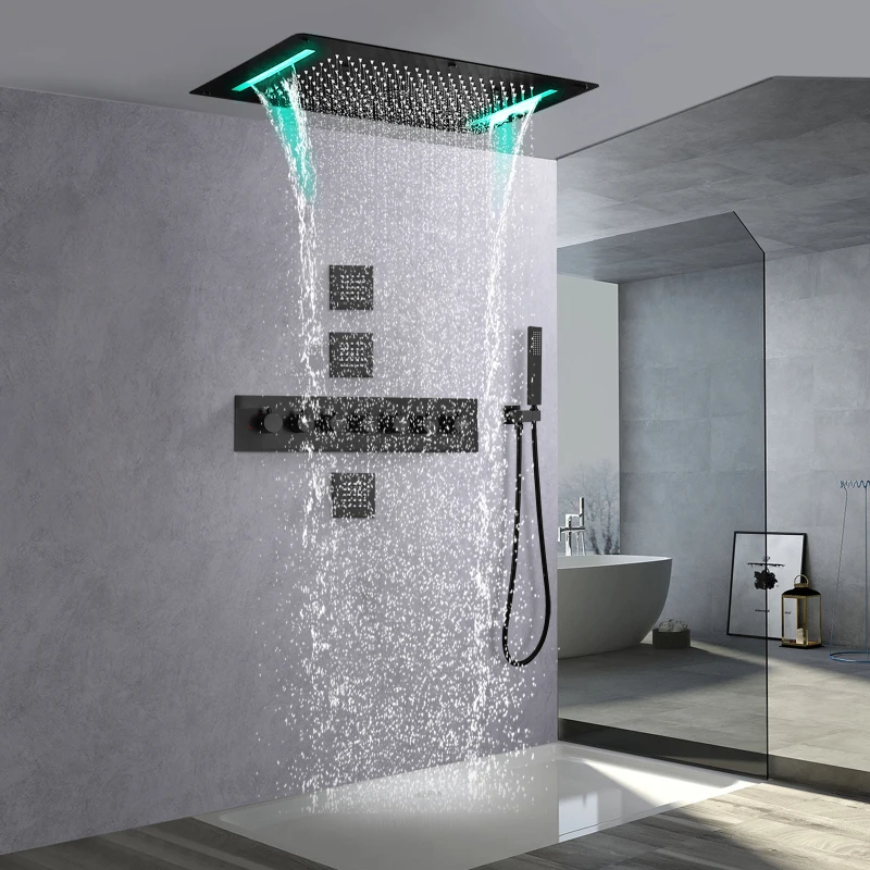 

Matte Black Thermostatic Rain Shower System With 700X380 MM LED Ceil Mounted Stainless Steel Shower Head