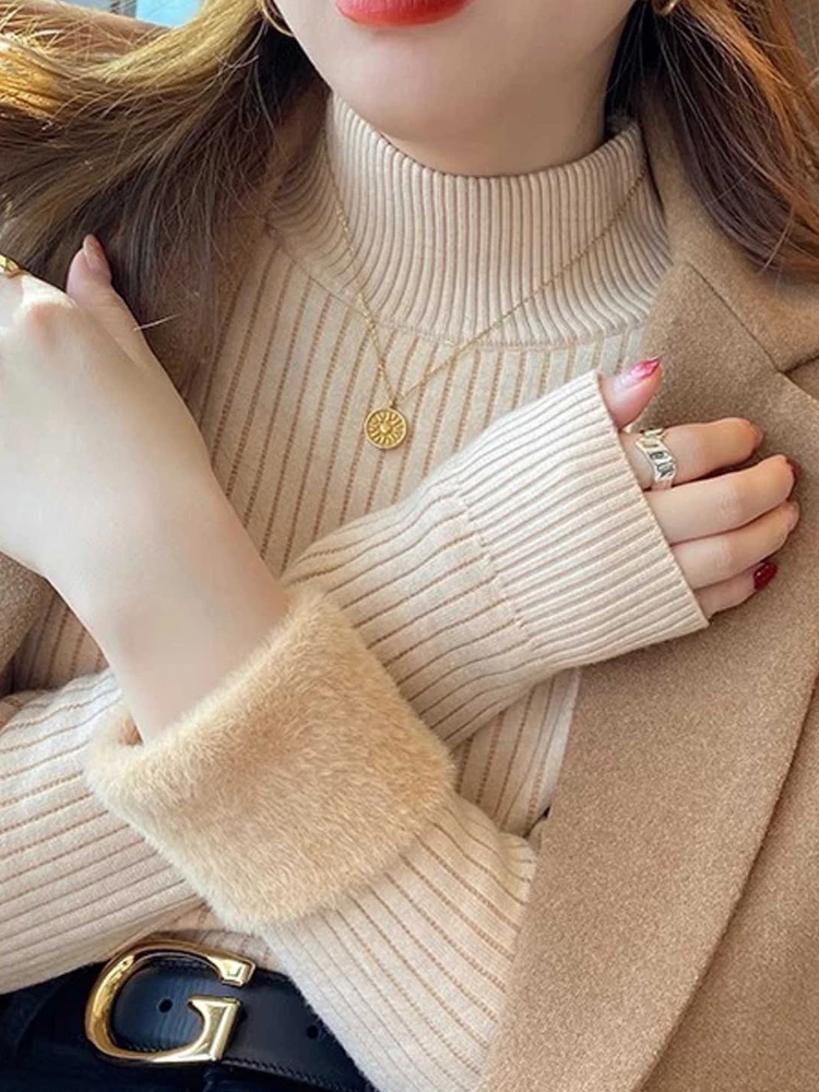 New Autumn and Winter Women's Integrated Fleece Sweater Elegant Semi-turtleneck Slim-fit Long-sleeved Bottoming Shirt Knitwear