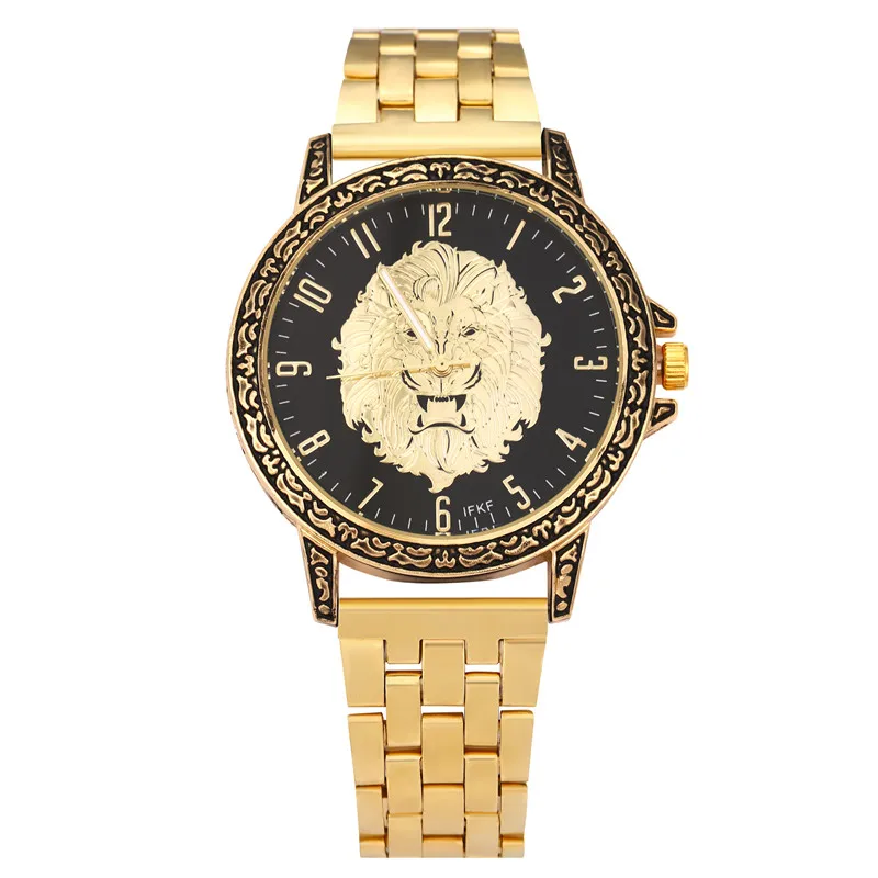 new Gold Skull Lion Tiger Men luxury business Military Quartz watch golden stainless steel band men watches male clock Relogio 
