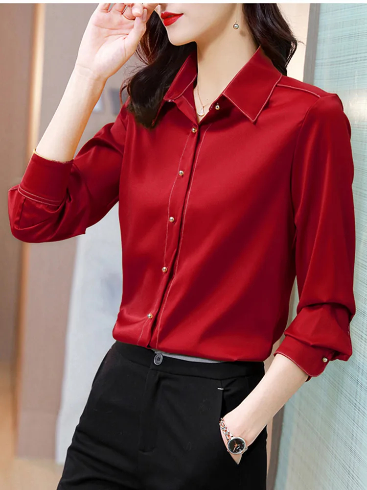 Camisa de manga larga con cuello Polo para mujer, blusa con botones para primavera