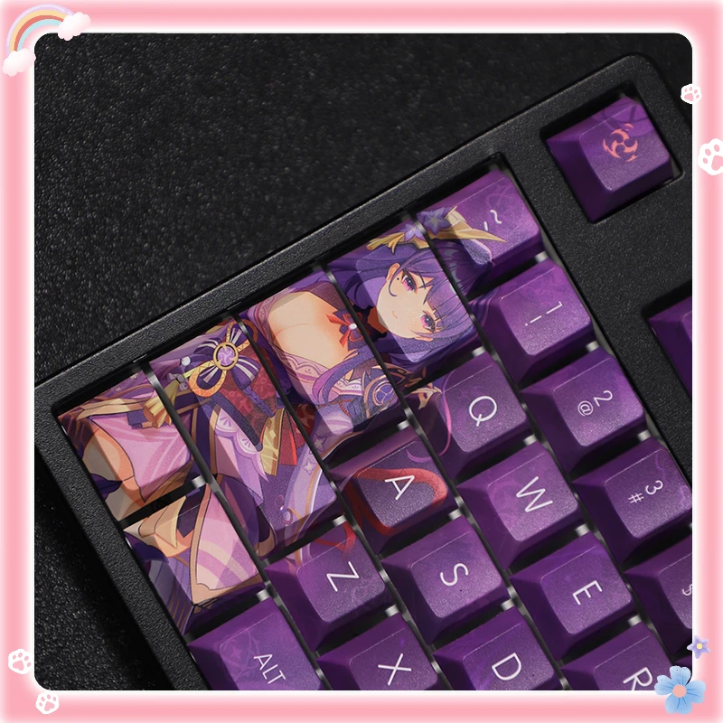 Chaves Conjunto Genshin Impacto Raiden Shogun Tema Pbt Keycaps para Teclado Mecânico Jogo Anime Japonês Design Personalizado Bonito Menina 108 - Imagem 6