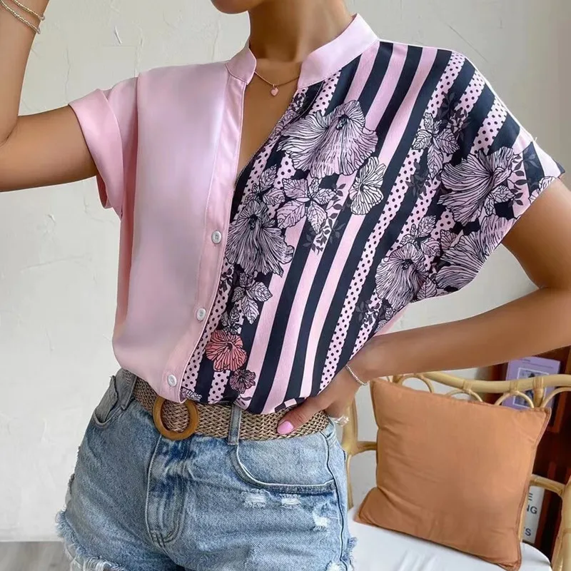 

Summer Casual Loose Short-Sleeved Cherry Shirt Women's Contrast V-Neck Office Blouse Tops Blusas Mujer 2023 Camisa