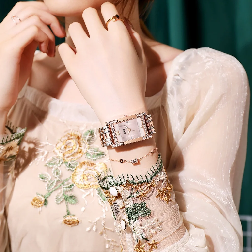 Fashion Rhinestone Women Watches Rectangle Stainless Steel Band Quartz Wrist Watches Relogio Feminino Montre Femme