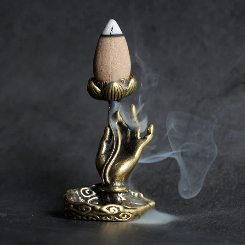 Vintage Hand Lotus Incense Smoke Waterfall Incense Base Metal Backflow Incense Holder For Home Teahouse Tea Table