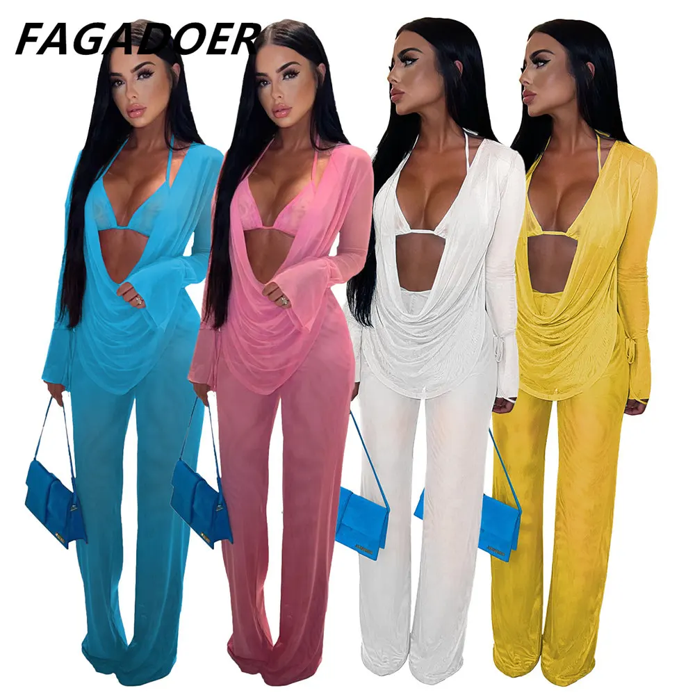 FAGADOER Sexy Mesh 3 Piece Set Halter Bra + Ruched Cover Up + Loose Pants See Through Club Party Matching Set 2022 Autumn Outfit newest chic women celebrity sexy mesh ruched cut out pink mini bodycon bandage dress celebrity elegant evening party club dress