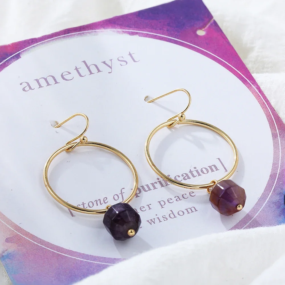 Punk Purple Natural Stone Crystal Circle Hoop Earrings Gold Plated Big Round Huggies Ear Hoops Everyday Versatile Jewelry Bijoux
