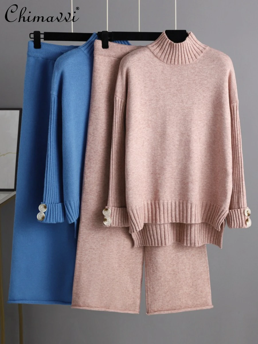 Autumn Winter Knitting Suit Women's Fashion Half Turtleneck Pullover Sweater Trousers Thickened Outer Wear Loose Two-Piece Suit