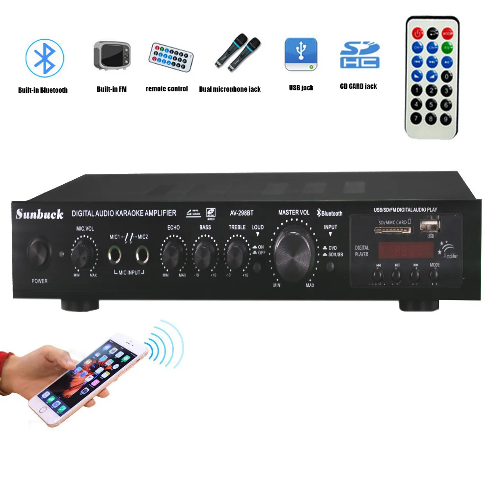 

SUNBUCK 200W bluetooth 5 Channel Power Amplifier HiFi Stereo Speaker Amp Support FM Radio 2 Mic USB SD Card Input