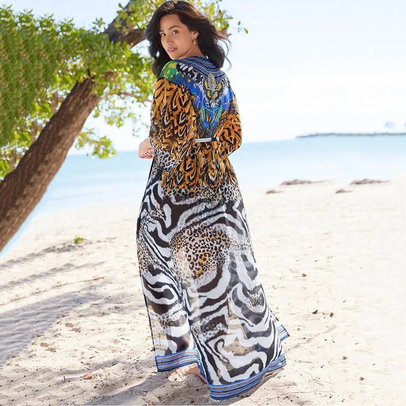 Sexy Bikini Cover-ups Retro Leopard Chiffon Long Kimono Dress Tunic Women Clothing Beach Wear Swim Suit Cover Up
