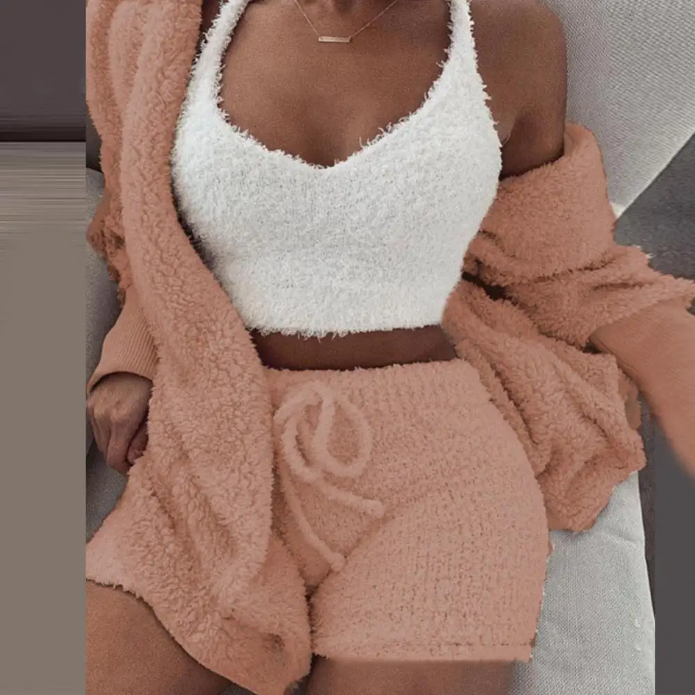 

Fluffy Pajamas Set for Women Casual Sleepwear Tank Top and Shorts Size Hoodie Leisure Homsuit Winter Teddy 3 Pieces Pijamas