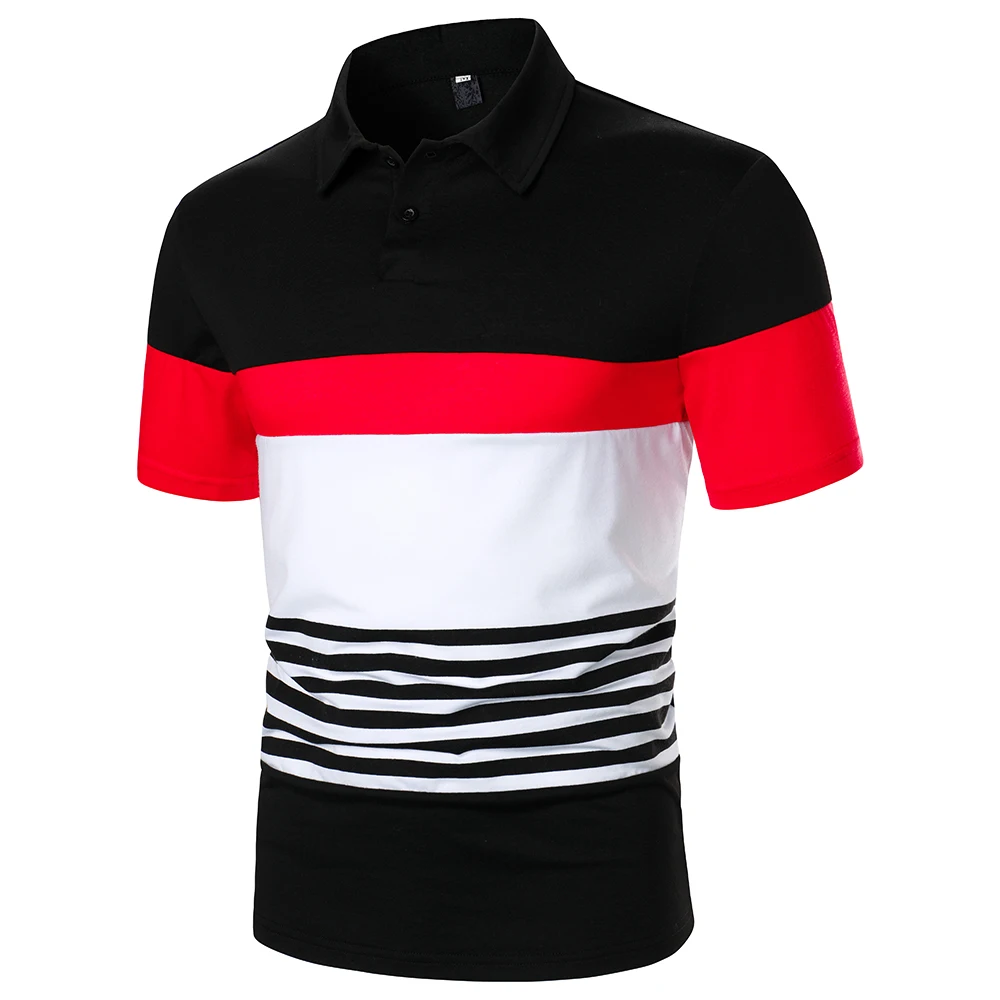 Men Short Sleeve Polo Shirt Contrast Color Splicing And Stripe Design