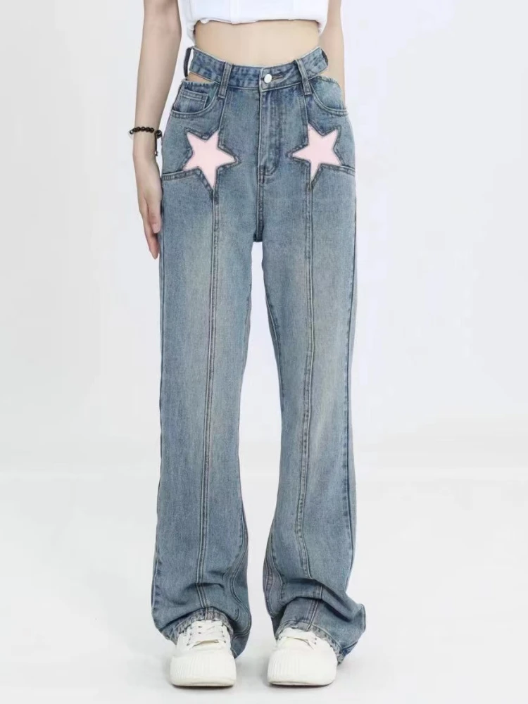 ADAgirl Kawaii Star Print Wide Leg Jeans Women Cute Straight Long DenimTrousers Korean Blue Casual Hollow Out Design Bottoms New