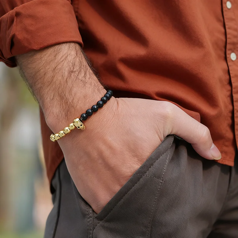 Mens Gothic Skull Bracelet Onyx Stone Zirconia