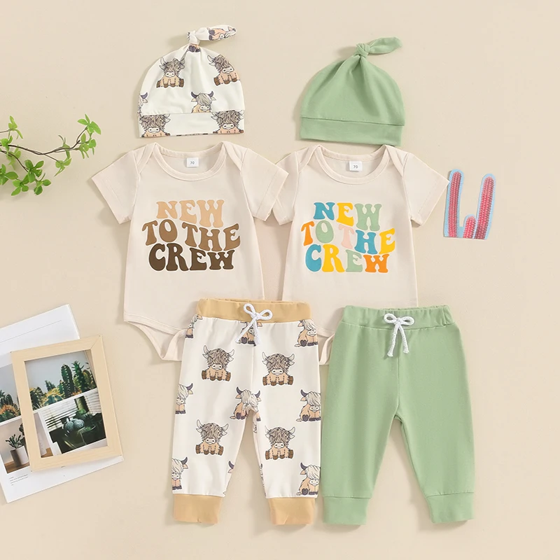 

2024-03-01 Lioraitiin Summer Baby Boys Girls Outfits Letter Print Crew Neck Short Sleeve Rompers Long Pants Hat 3Pcs Clothes Set