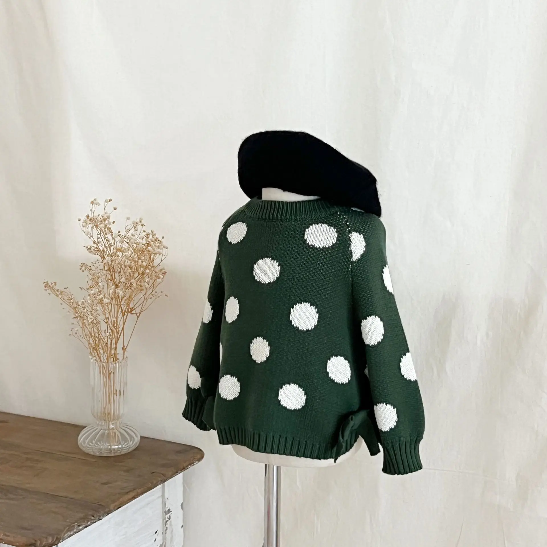 Autumn Newborn Infant Baby Boy Girls Dot Pullover Bow Sweater Knit Long Sleeve Jacket Kids Onepiece Fashion Baby Clothing