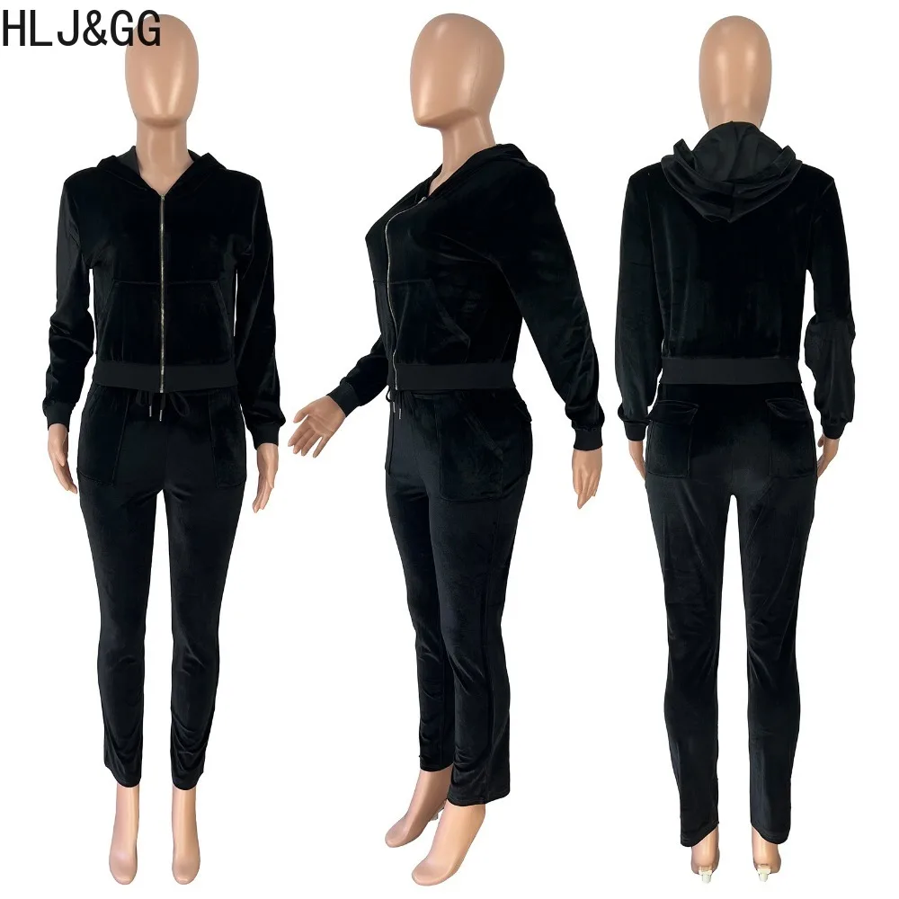 HLJ&GG Casual Solid Color Velvet Two Piece Sets Women Hooded Zipper Long Sleeve Coat And Skinny Pants Tracksuits Outfits 2023