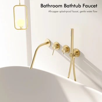 ชุดฝักบัวอาบน้ำแบบฝังผนังพร้อมฝักบัวมือถือแบบพกพา หัวฉีดยาวติดผนัง วาล์วควบคุมแบบติดผนัง 2 หัวจับ ทำจากทองเหลือง 2