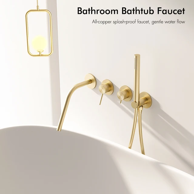 ชุดฝักบัวอาบน้ำแบบฝังผนังพร้อมฝักบัวมือถือแบบพกพา หัวฉีดยาวติดผนัง วาล์วควบคุมแบบติดผนัง 2 หัวจับ ทำจากทองเหลือง 2