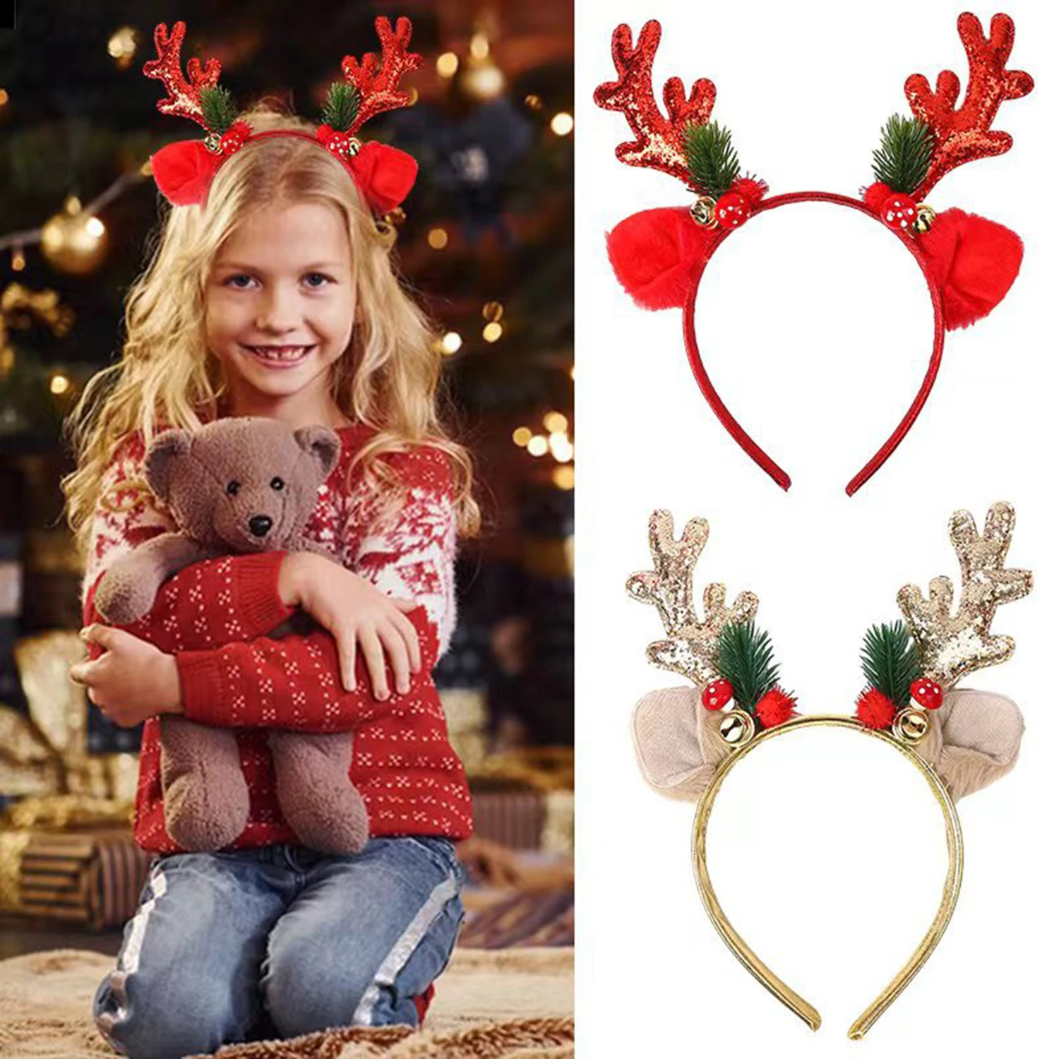 

Christmas Elk Horn Bell Headband Sweet Sequin Antler Hair Band Party Gifts For Kids Hair Hoop Happy New Year Hair Accessories