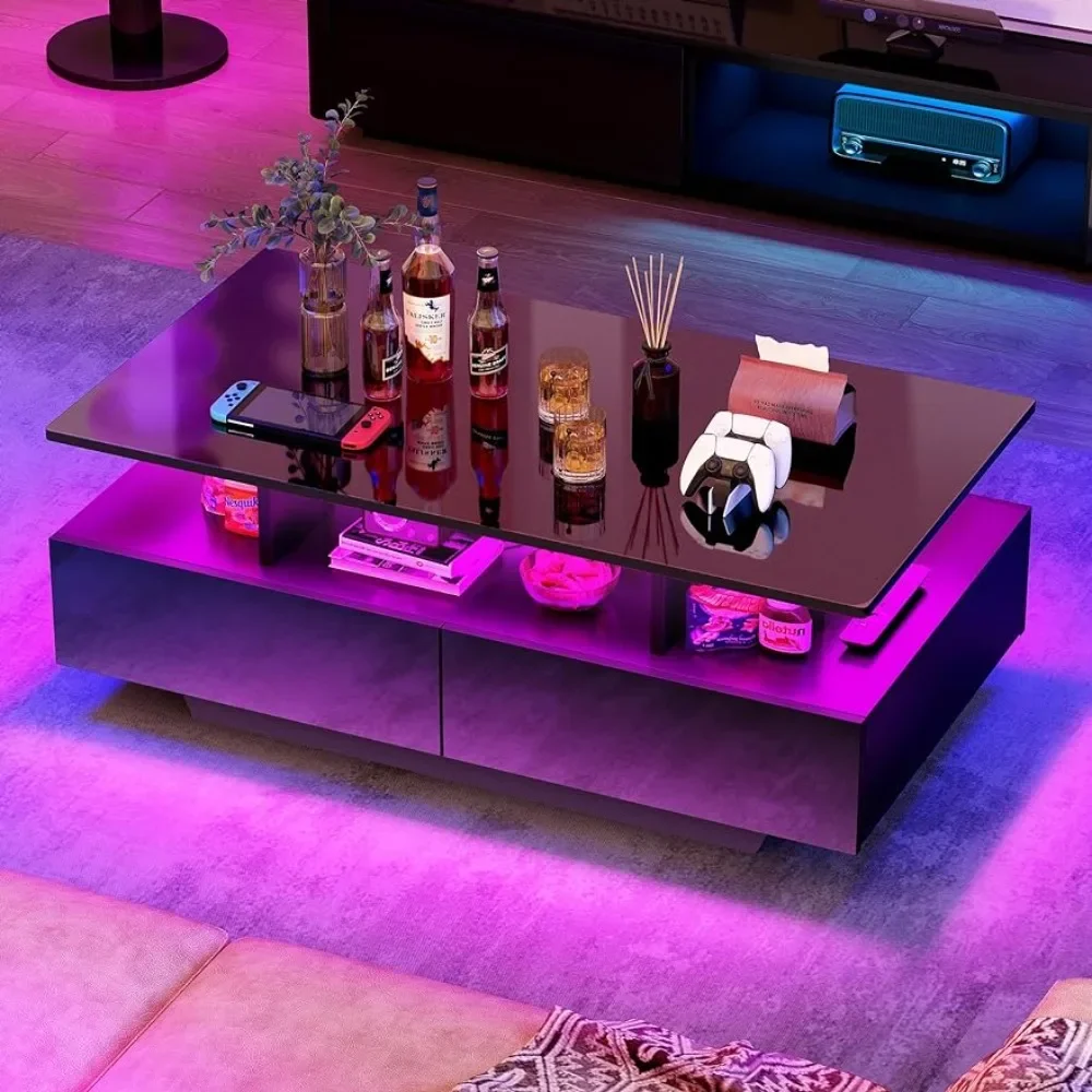 

High Glossy LED Coffee Tables for Living Room, Small Center Table with Open Display Shelf & Sliding Drawers, Black
