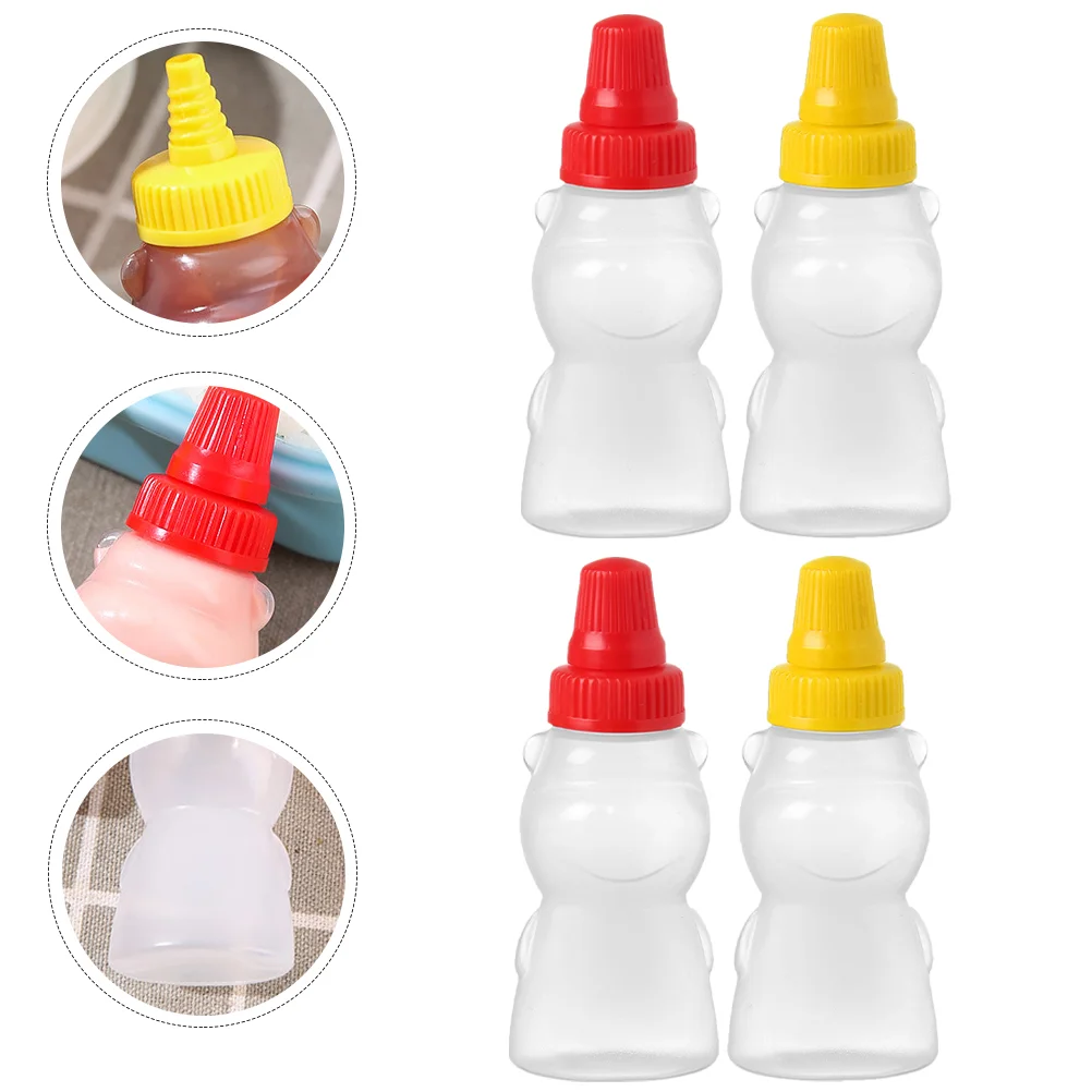 4 Pcs Mini Sauce Containers Bear Bottle Small Mouth Kitchen Dinnerware Salad Dressing Jar Reusable Ketchup Bottle Portable Hot