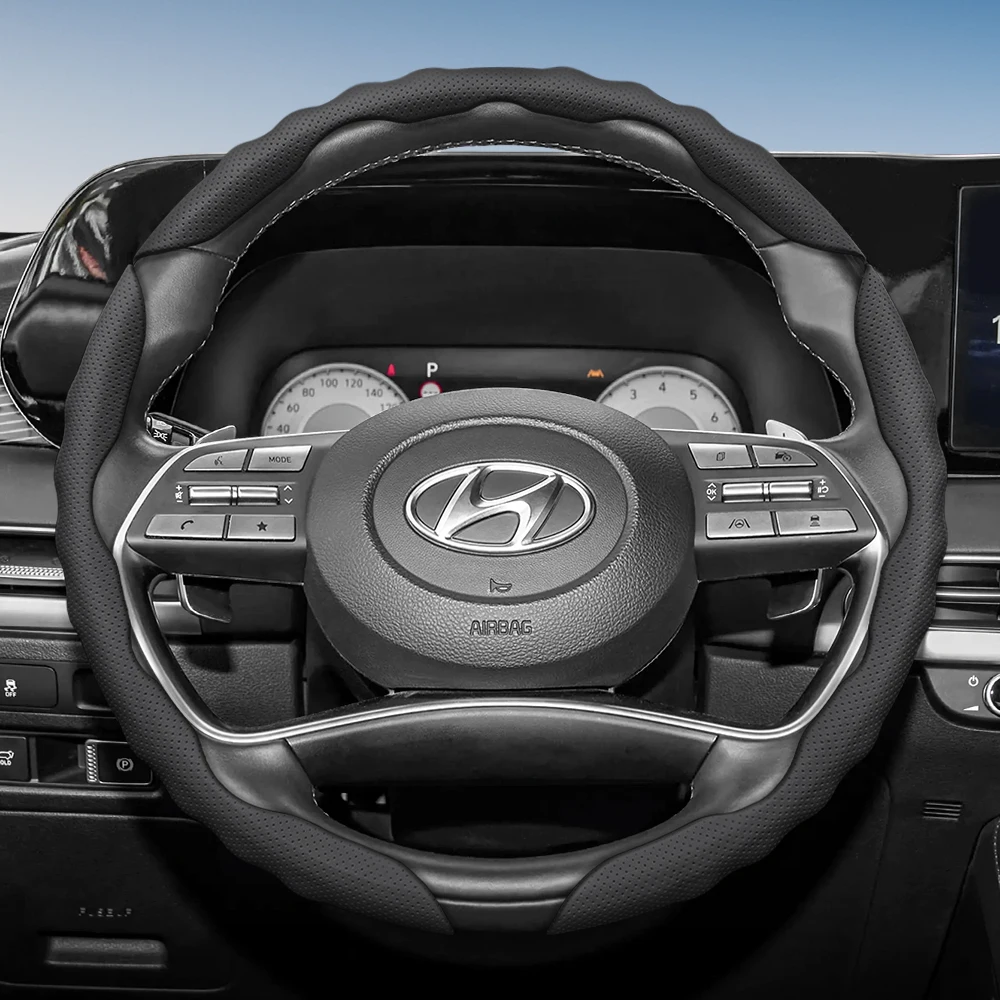 Steering Wheel Cover with Wavy Sports Design - Breathable Leather, Segmented Anti-Slip, Sweat-Absorbing Protective Cover