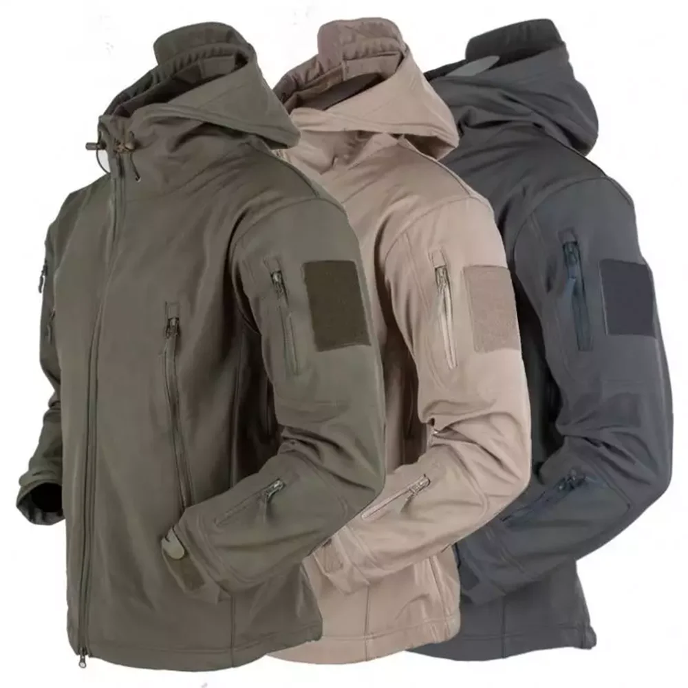 Men's Zipper Soft Shell Windbreaker Tactical Waterproof Jackets Plus Size Men Hooded Coat Camouflage Bomber Fleece Jumper Jacket men s soft shell tactical jacket cargo pants set waterproof windproof wear resistant fleece tactical jackets suits for men