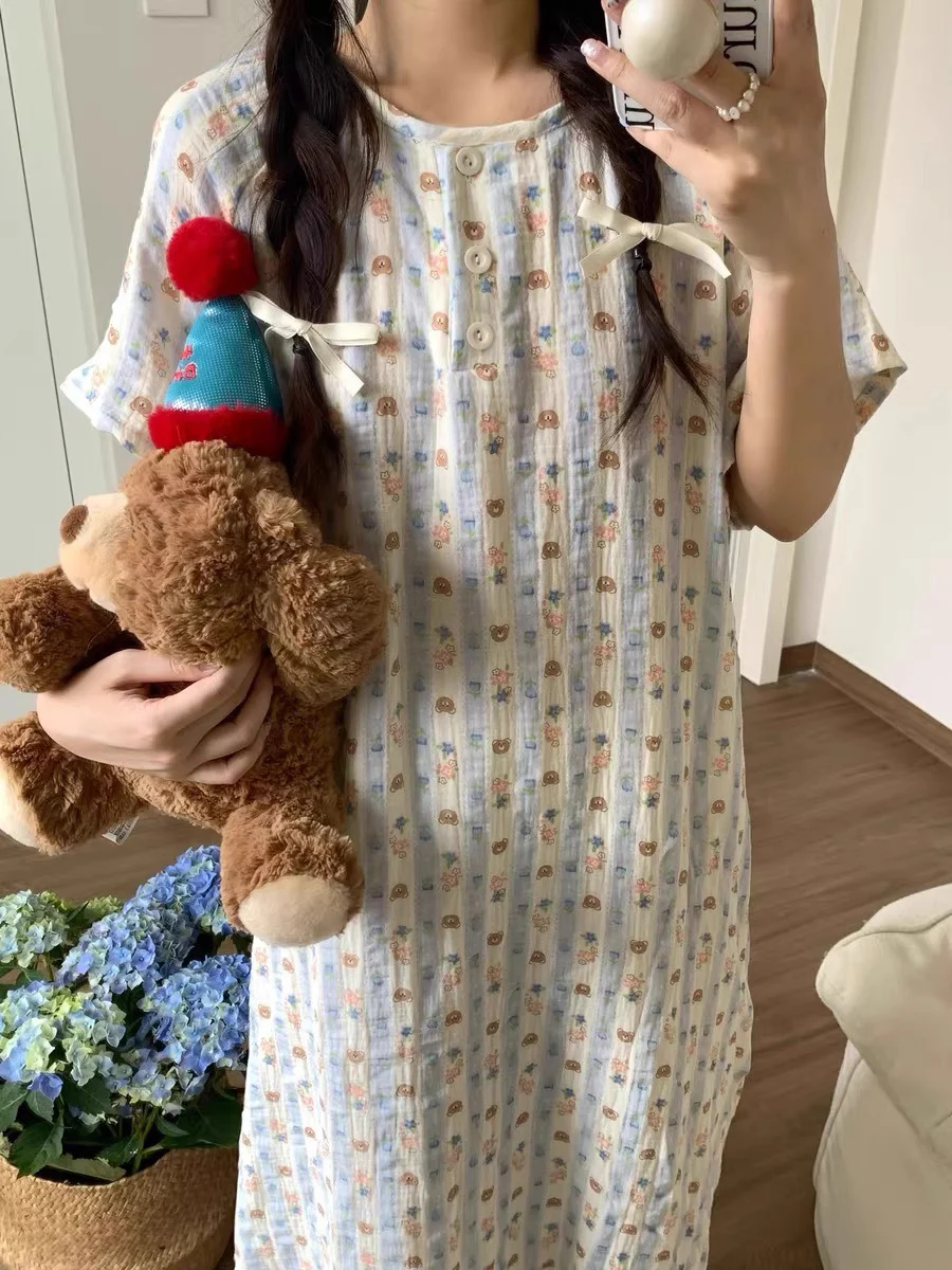 Korean Sle Cute Bear Summer Spwear Women's Thin Pure Cotton Nightgown Loose Large Size Home Clothes Sweet Sle Print