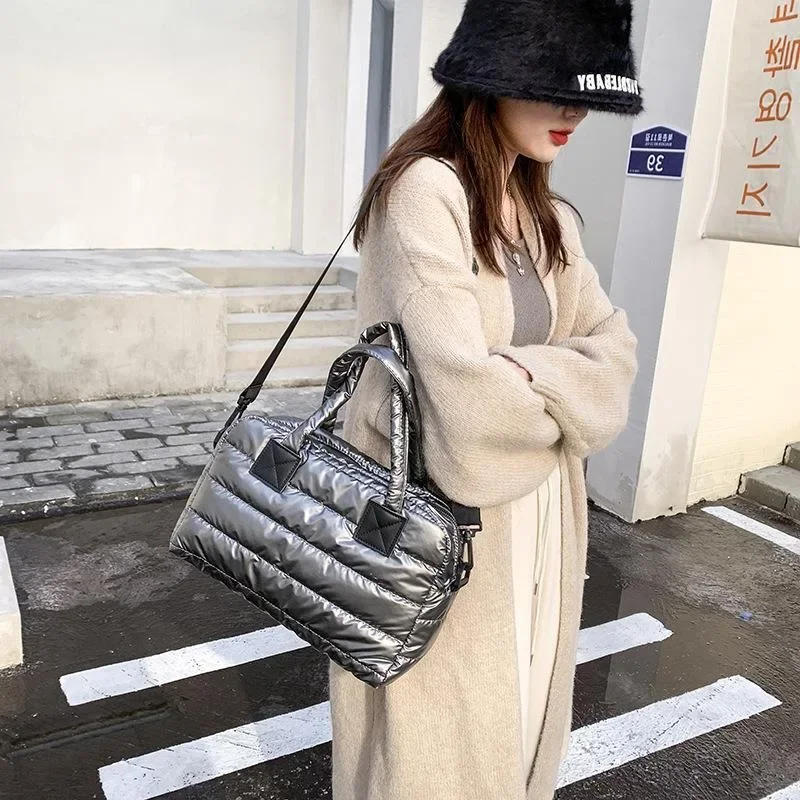 Fashion Quilted Cotton Padded Nylon Messenger Bag Women Large Capacity Shoulder Bag Solid Color Zipper Designer Top-handle Bags