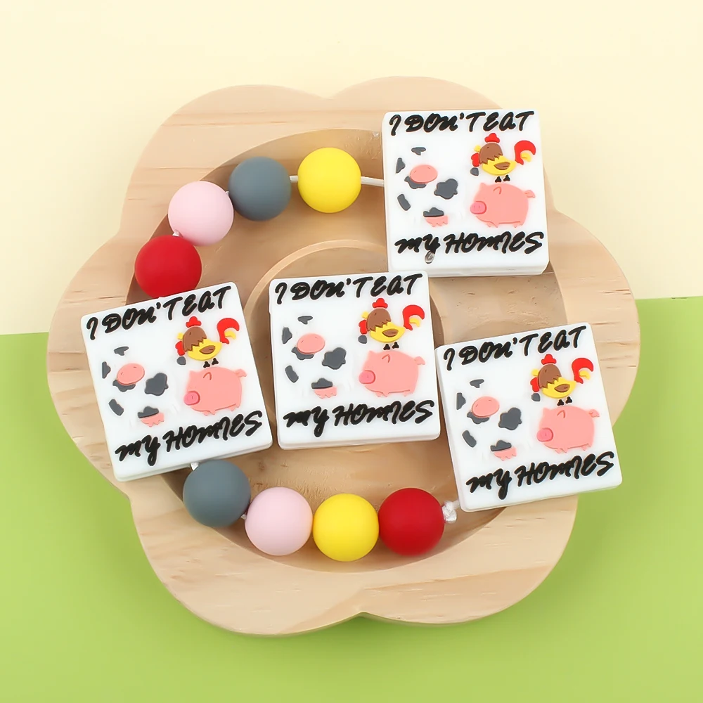  젖니 비즈 실리콘 비즈, 텍스트 스타일 직사각형 초점 DIY 키체인 목걸이, 젖꼭지 체인 팔찌 액세서리, 5 개