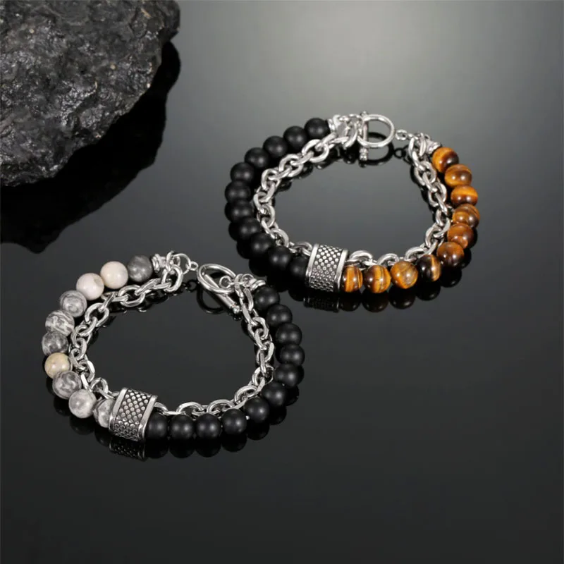 1 PCs Fashion Punk Frosted Stone Chain Geometric Double Layer Wear High Sense Trend All-Match Beaded Bracelet