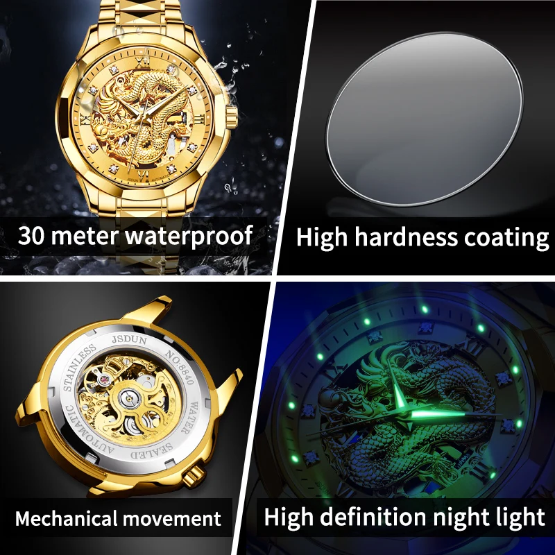 JSDUN 8840 Watch For Men Hollow Dragon Luxury Mechanical Men Watch Top Brand Diamond Scale Luminous Waterproof Dress Wristwatch