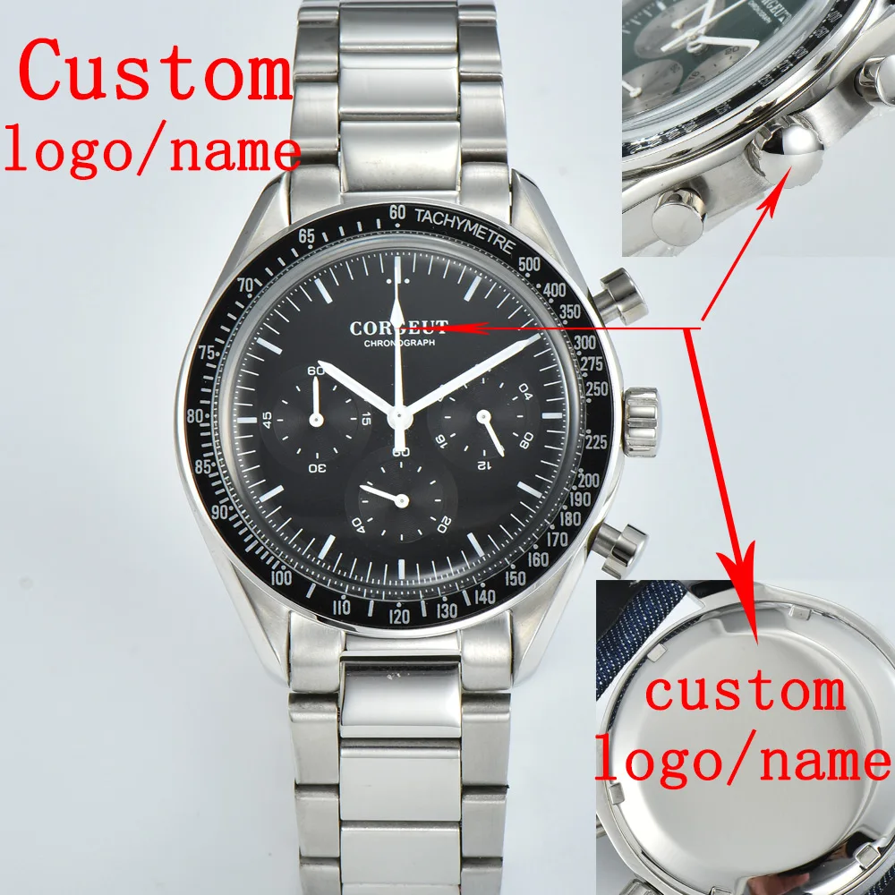 Corgeut 40mm Watch Quartz for Men Luxury Chronograph Fashion Sapphire Trendy Stylish Sports Mens Steel Band Wrist Watches