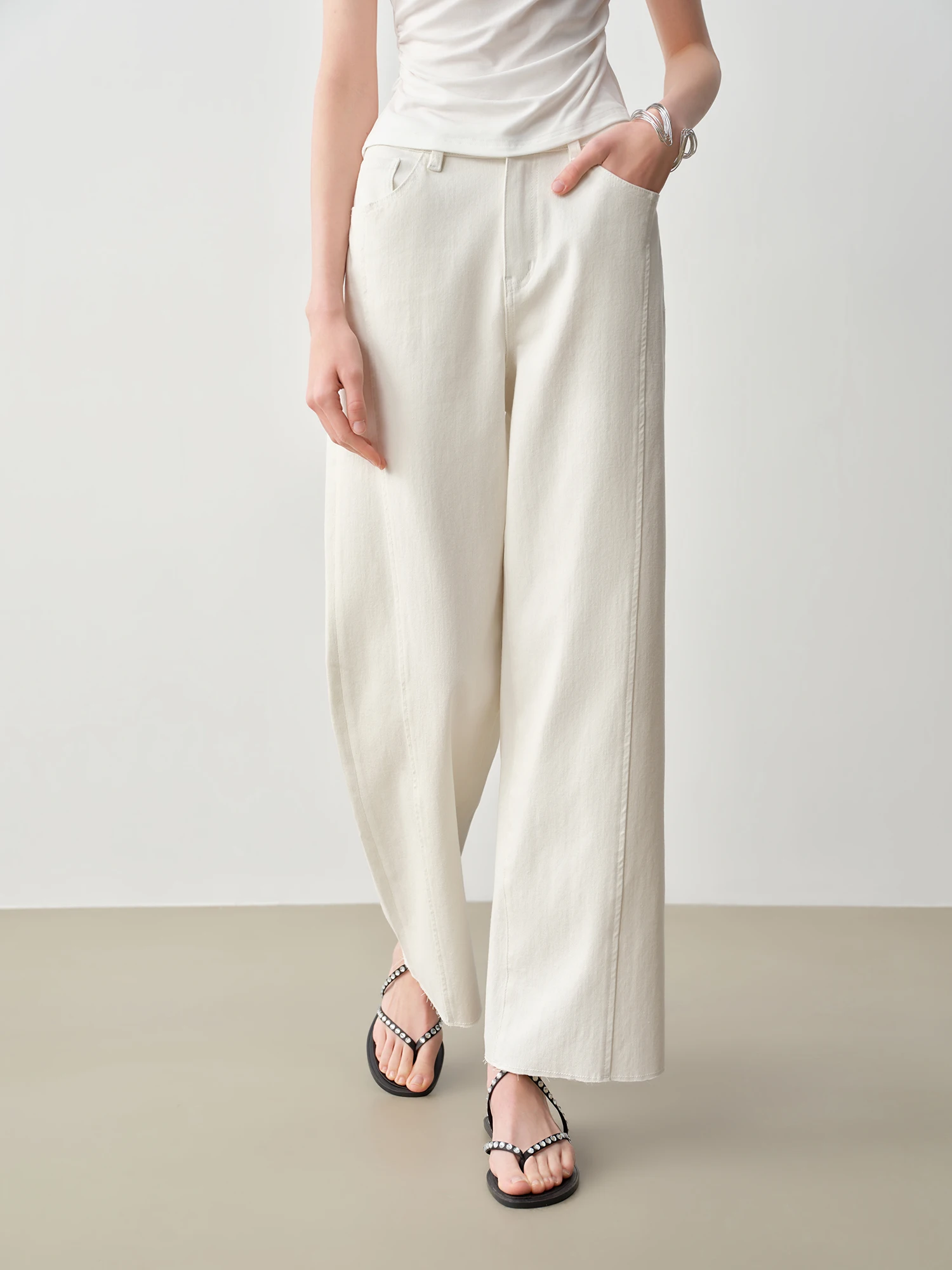 ZIQIAO Patchwork Design Straight Ankle-length Jeans Frayed Edges Women's Spring 2026 New Arrivals Commuting Basics 2