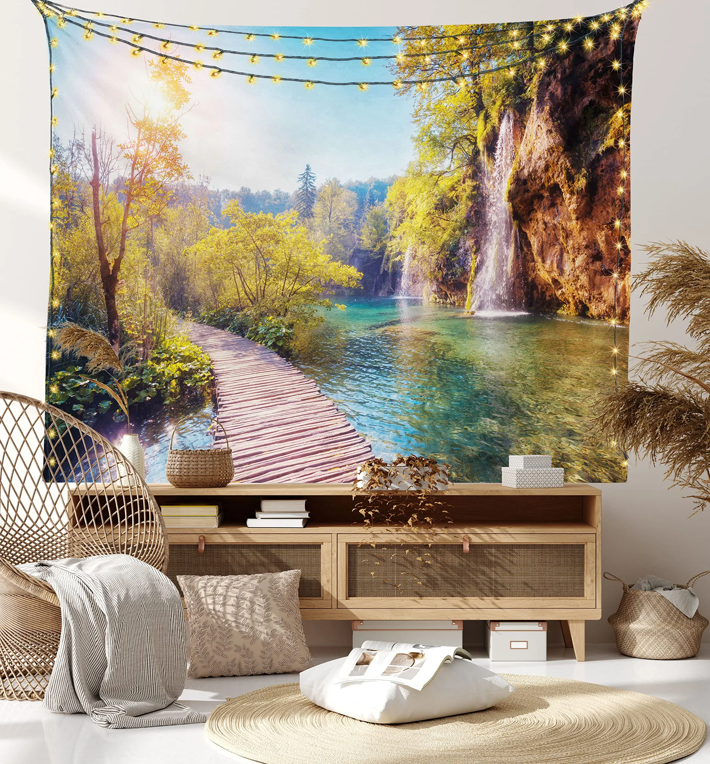 

Nature Tapestry Idyllic Lake with Waterfall Flowing down the Hills in National Park Autumn Scenery Wide Wall Hanging