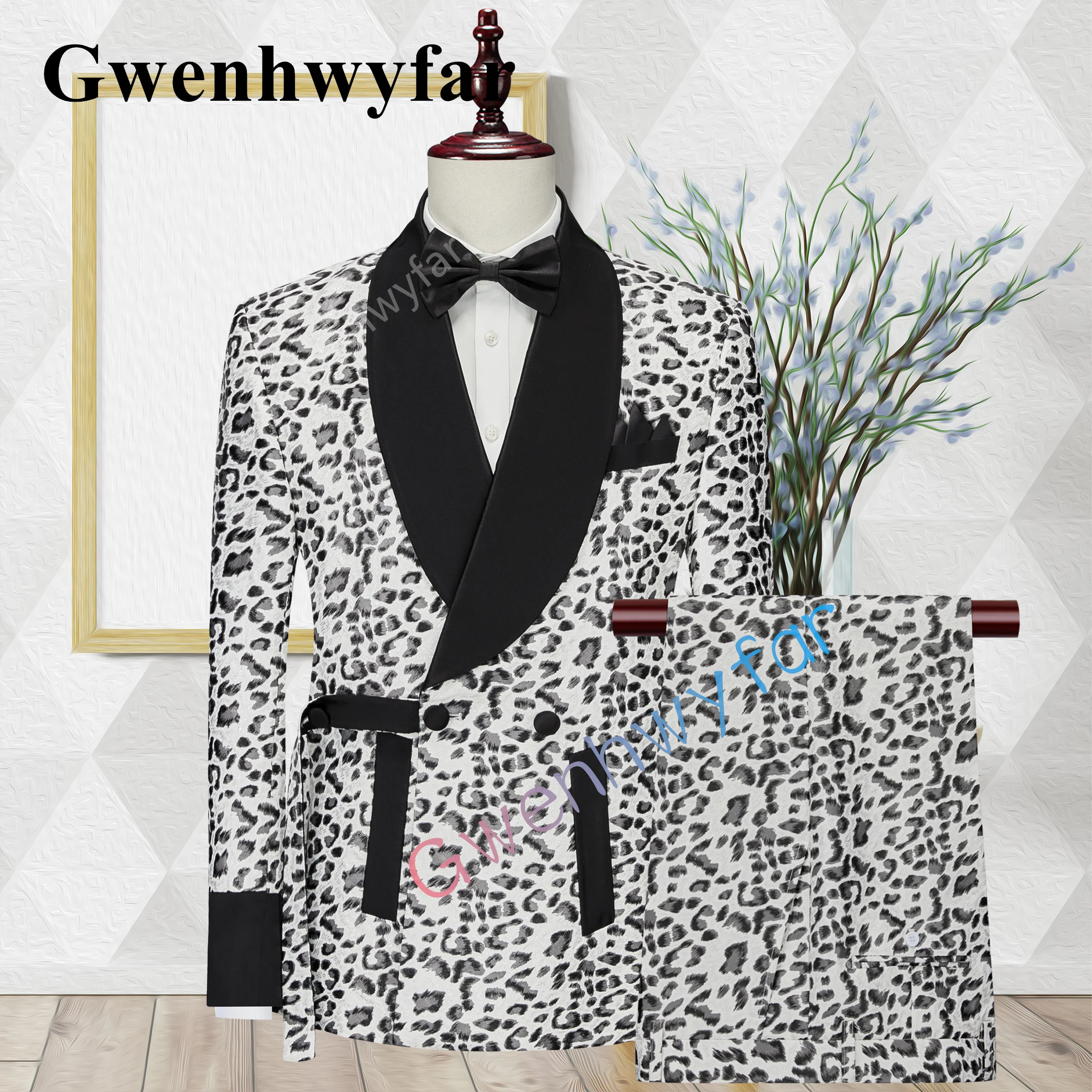 

Модный свадебный костюм Gwenhwyfar с черным и белым рисунком, одежда с лацканами, мужской смокинг с привкусом, блейзер для жениха на выпускной, 2 предмета