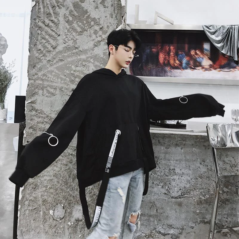

Drawstring Zipper Long Sleeve Men Hooded Sweatshirts Fashion Hip Hop Punk Harajuku Casual Oversized Clothes Black Streetwear Top