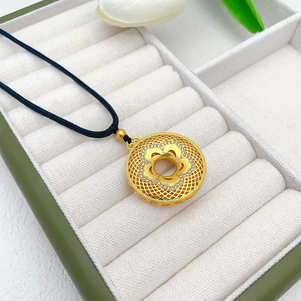 9999 24K real gold inlaid silk safety buckle pendant hollow disc necklace Chinese chic ethnic sweater for men and women