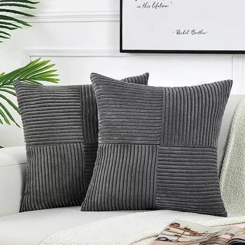 Short Corduroy Plaid Grey Cushion Cover Pillow Case For Living Room Sofa Bed Simple Bedside Pillow Backrest Covered 50 60 66CM 1