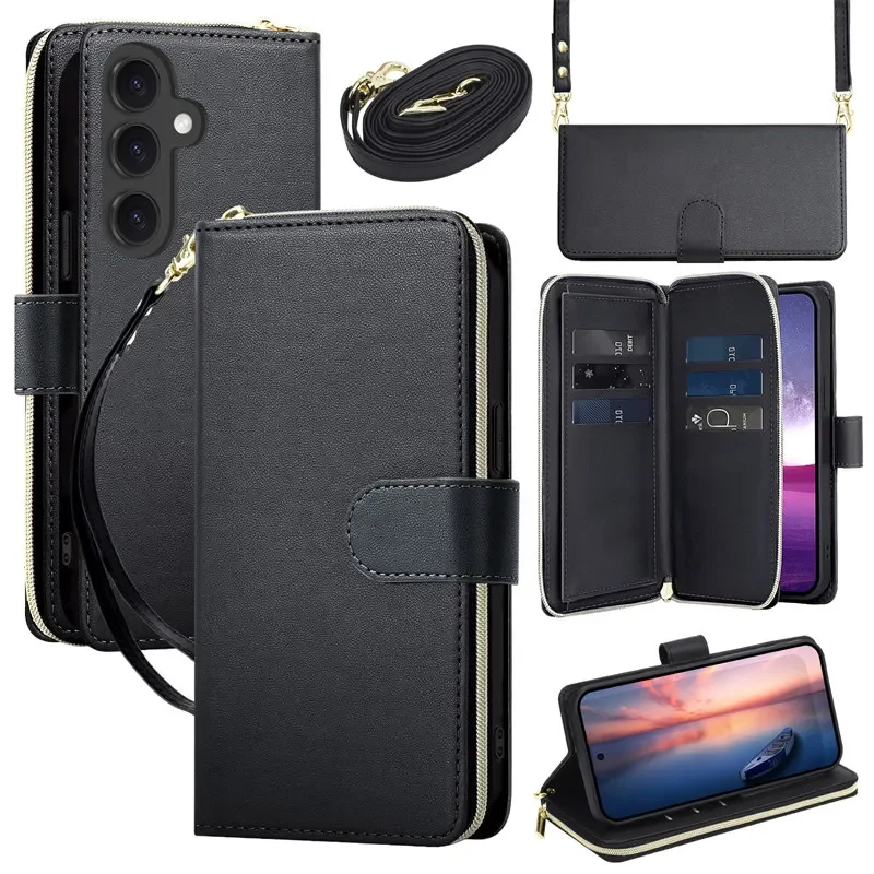 Leather Flip Phone Case with Long Lanyard and Zipper Wallet